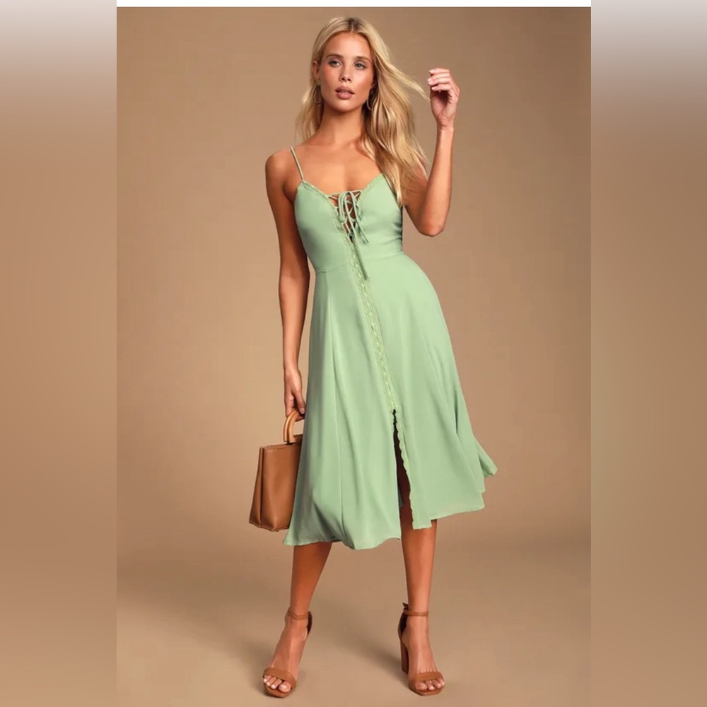 Lulu’s Don't Steal My Sunshine Dusty Sage Lace-Up Midi Dress
